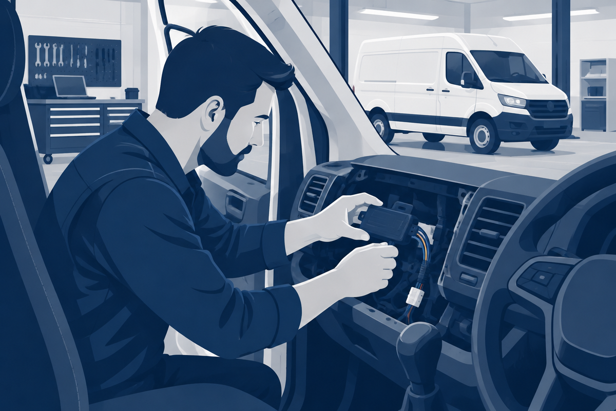 Illustration of an engineer fitting a tracking device behind a van dashboard in a workshop