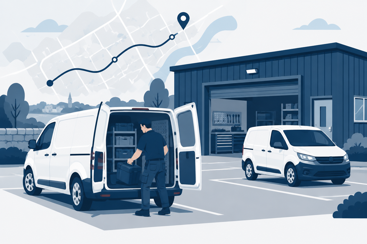 Illustration of a small business loading a van outside its workshop, with a route map behind