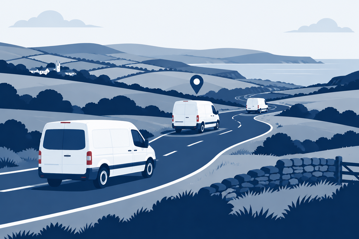 Illustration of business vans travelling on rural roads with a location marker